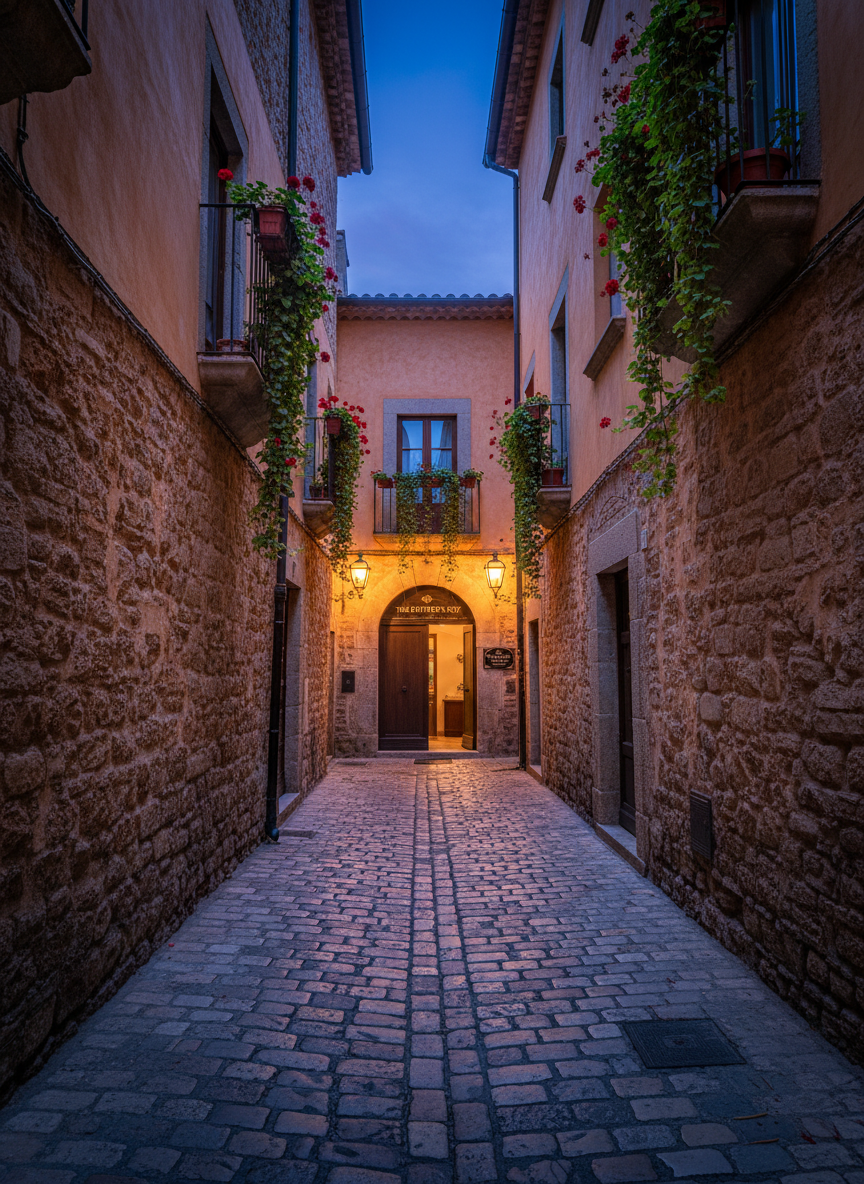A narrow cobblestone alleyway in an old European town, completely empty, leading toward a softly glowing boutique guesthouse entrance. The stone walls display warm ochre and muted terracotta tones, with small wrought-iron balconies and potted greenery on window sills. Subtle, warm lantern light near the doorway blends with fading blue hour ambient light from above, creating a sophisticated interplay of cool and warm tones. Shot from a slightly low, centered perspective, the path guides the viewer directly to the inviting doorway. Photographic realism with a cinematic, contemplative mood, highlighting the charm of carefully chosen, intimate accommodations ideal for solo exploration away from crowds.