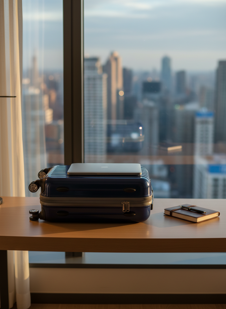 A sleek midnight-blue hard-shell suitcase with subtle brushed texture, a slim silver laptop sleeve, and a compact leather travel journal arranged neatly on a light oak hotel desk. A large floor-to-ceiling window reveals a softly blurred city skyline at dusk. Golden hour light spills across the desk, creating refined highlights on metal zippers and casting elongated, graceful shadows. Shot at eye level with a shallow depth of field, the composition feels ordered and calm. Photographic realism with a clean, sophisticated aesthetic, evoking confident solo travel planning in a modern, high-end hotel room, quiet and unhurried.