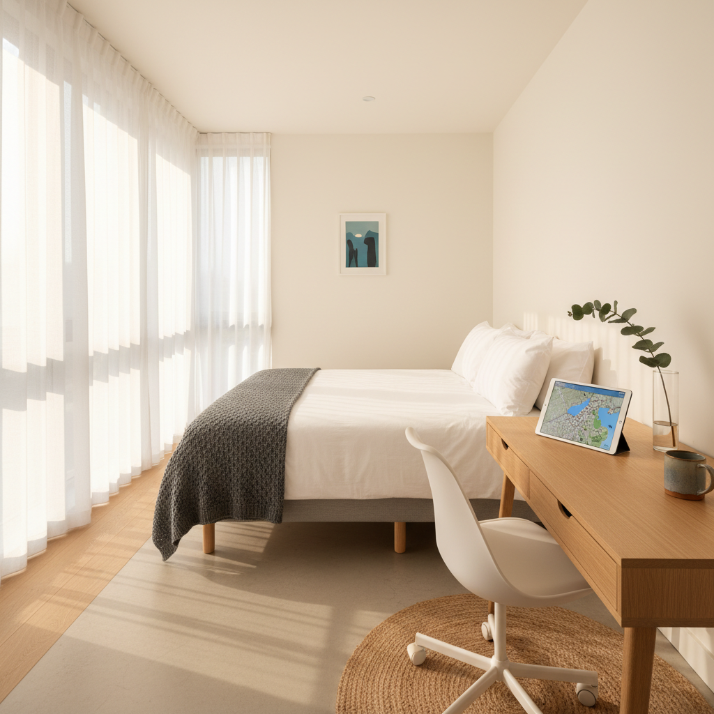 A tranquil, light-filled studio apartment designed for solo travelers, photographed from the entryway. A neatly made bed with crisp white linens and a textured charcoal throw sits opposite a small oak writing desk holding a slim tablet displaying a map, a single ceramic mug, and a small vase with one eucalyptus branch. Large windows on the side wall let in soft afternoon light, washing the room in a gentle glow and casting discreet shadows behind the desk chair. The composition emphasizes negative space and clean lines, with sharp focus throughout. Photographic realism in a modern, minimalist style, evoking safe, curated stays for independent or family travelers who value quiet elegance over crowds.