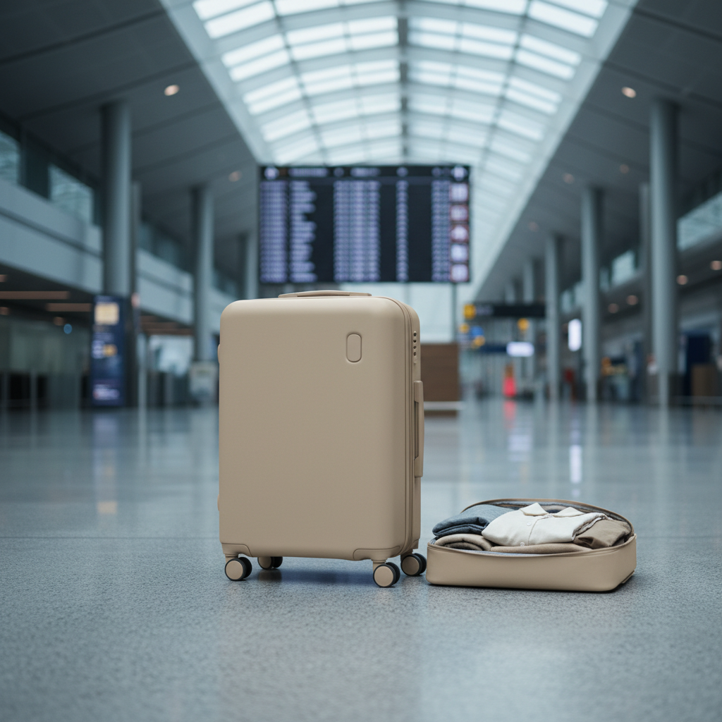 A compact, minimalist carry-on suitcase in matte sand-beige stands alone in the middle of a polished airport corridor, next to a single neatly stacked packing cube partially unzipped to reveal rolled neutral-toned clothing. The background shows an elegantly blurred departure board and subtle architectural lines of a modern terminal. Cool, diffused overcast light from expansive skylights above reflects softly on the floor, creating gentle reflections beneath the luggage. Captured from a low-angle perspective with a moderate depth of field, the suitcase feels like the quiet protagonist of the scene. Photographic realism with a refined, aspirational atmosphere, symbolizing independent, well-organized travel without chaos.
