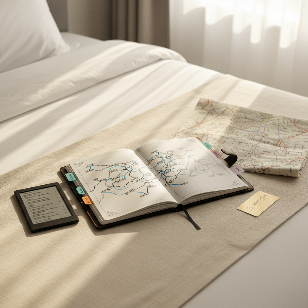 An overhead view of a meticulously organized travel planner spread open on a smooth linen bed runner in a boutique hotel room. The planner pages show hand-drawn route lines, neatly printed city names, and color-coded sticky tabs. Beside it, a slim e-ink reader, a folded, well-worn fabric map, and a single room keycard rest in deliberate symmetry. Soft morning light filters through sheer curtains, creating a diffused glow and gentle, feathery shadows. The composition uses rule of thirds with crisp focus on the planner and a subtly blurred headboard in the distance. Photographic realism with a calm, intentional, and sophisticated mood, suggesting quiet solo itinerary design.